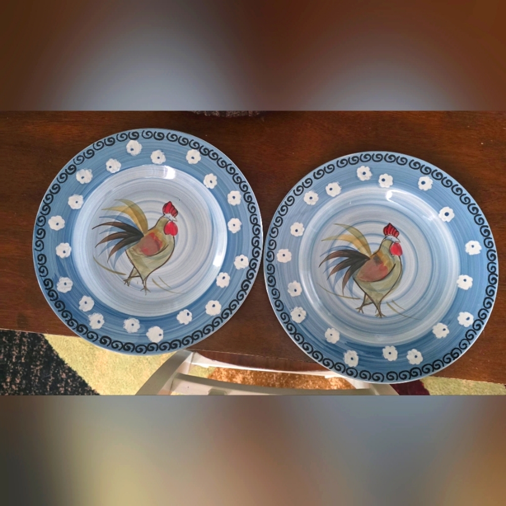Royal Norfolk PAIR of Blue Rooster Chicken 11" Dinner Plates